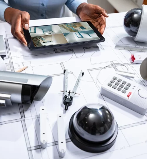 Security System parts and cameras scattered on top of blueprint